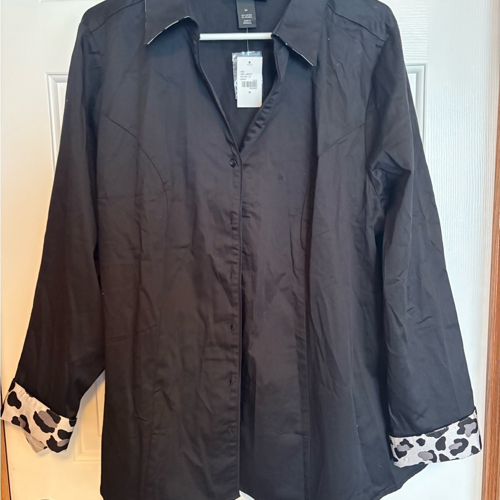 Lane Bryant Black Blouse with Animal Print Cuffs